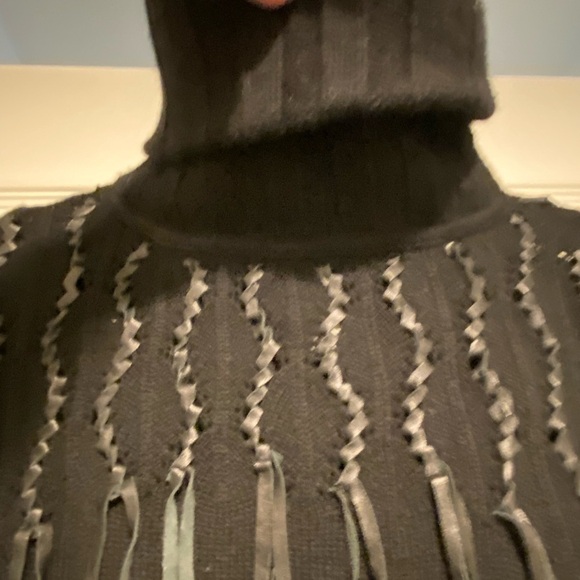 Malandrino Women’s Cashmere Leather Accented Black Turtleneck Sweater Oversized - Picture 16 of 16